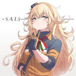 Rule 34 | 1girl, aqua eyes, blonde hair, blush, character name, closed mouth, girls&#039; frontline, gloves, hairband, highres, italian flag neckwear, jacket, kuro kosyou, long hair, messy hair, multicolored clothes, multicolored gloves, orange hairband, s.a.t.8 (girls&#039; frontline), simple background, solo, turtleneck, upper body, white background