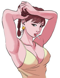 Rule 34 | 1girl, adjusting hair, armpits, arms up, braid, braided bun, braiding hair, breasts, brown eyes, brown hair, capcom, chun-li, double bun, earrings, hair bun, hairdressing, highres, imajun, jewelry, large breasts, looking at viewer, mouth hold, open mouth, simple background, solo, street fighter, white background