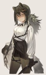 Rule 34 | 1girl, absurdres, animal ears, animal hands, arknights, bag, black neckwear, black pantyhose, black shorts, breasts, brown hair, collared shirt, cropped legs, cross tie, dress shirt, ear piercing, expressionless, freckles, grey background, hair between eyes, highres, long hair, looking at viewer, pantyhose, pantyhose under shorts, piercing, pm 611a, ponytail, raccoon ears, raccoon girl, raccoon tail, robin (arknights), shirt, shorts, shoulder strap, sidelocks, simple background, small breasts, solo, tail, twitter username, white shirt, yellow eyes