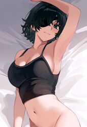 Rule 34 | 1girl, absurdres, armpits, black hair, blush, bottomless, breasts, chainsaw man, cleavage, crop top, eyepatch, fur0ki, green eyes, highres, himeno (chainsaw man), large breasts, lying, medium hair, navel, on back, out-of-frame censoring, sexually suggestive, short hair, smile, solo focus