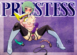 Rule 34 | 1girl, anal beads, aqua hair, atlus, blush, book, boots, breasts, commentary request, dildo, for dummies, full body, high heels, medium breasts, megami tensei, my pet tentacle monster, nipples, no panties, object insertion, open book, parody, parted lips, persona, persona 3, priestess (tarot card), purple background, pussy juice, reading, sex toy, shin megami tensei, short hair, simple background, sitting, solo, spread legs, strap-on, sweat, tarot, tarot (medium), text focus, the high priestess (tarot), thighhighs, uncensored, underwear, vaginal, vaginal object insertion, watermark, yamagishi fuuka
