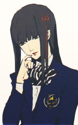 Rule 34 | 10s, 1girl, bad id, bad tumblr id, black hair, blazer, blue jacket, bow, bowtie, green eyes, hand up, jacket, lips, long hair, long sleeves, persona, persona 5, shirt, simple background, solo, striped bow, striped bowtie, striped clothes, tagme, tougou hifumi, upper body, white background, white shirt