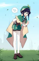 Rule 34 | 1boy, :3, androgynous, aqua eyes, aqua hair, beret, black hair, braid, brown footwear, capelet, day, english text, flower, frilled sleeves, frills, full body, genshin impact, gradient hair, green capelet, green hat, green shorts, hat, hat flower, highres, leaf, long sleeves, looking at viewer, multicolored hair, netapai1, open mouth, outdoors, pantyhose, puffy shorts, short hair with long locks, shorts, standing, twin braids, venti (genshin impact), vision (genshin impact), white legwear