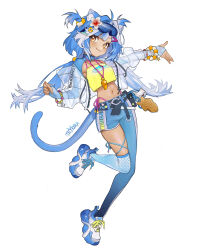 1girl 666666ttr absurdres animal_ear_fluff animal_ears animal_print artist_name asymmetrical_legwear blue_hair bracelet camisole cat_ears cat_girl cat_tail character_name closed_mouth commentary cross-laced_footwear english_commentary fingerless_gloves fish_hair_ornament fish_print flower food full_body gloves goggles goggles_on_head hair_flower hair_ornament highres indie_virtual_youtuber innertube_hair_ornament jacket jewelry leg_up looking_at_viewer midriff multicolored_hair navel open_clothes open_jacket over-kneehighs panties see-through_clothes see-through_jacket shoes shrug_(clothing) side-tie_panties simple_background single_over-kneehigh single_thighhigh sneakers solo tail taiyaki tan thighhighs two-tone_hair underwear virtual_youtuber wagashi whistle whistle_around_neck white_background white_hair yellow_camisole yellow_eyes