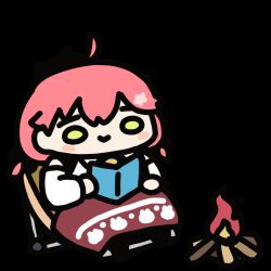 Rule 34 | 1girl, :&gt;, ahoge, animated, animated gif, bell, black headwear, blanket, blouse, blush stickers, book, campfire, camping chair, chibi, commentary, detached sleeves, english commentary, fuwafuwa 35, green eyes, holding, holding book, hololive, looping animation, neck bell, o o, official alternate costume, open book, pink hair, reading, red skirt, sakura miko, sakura miko (casual), shirt, sitting, skirt, sleeveless, sleeveless shirt, solo, transparent background, virtual youtuber, white shirt, yurucamp