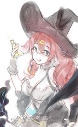 Rule 34 | 1girl, :d, black dress, black gloves, black hat, breasts, cleavage, dorothy (sinoalice), dress, fingerless gloves, glasses, gloves, hair between eyes, hat, holding, looking at viewer, open mouth, potion, purple eyes, red hair, sinoalice, sketch, smile, solo, teeth, teroru, twintails, white background, witch hat