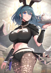 Rule 34 | 1girl, absurdres, animal ears, black cape, black panties, black shirt, blue eyes, blue hair, breasts, byleth (female) (fire emblem), byleth (fire emblem), cape, cleavage, cleavage cutout, clothing cutout, commentary request, cowboy shot, crop top, dagger, fake animal ears, fire emblem, fire emblem: three houses, gonzarez, highres, knife, large breasts, long hair, looking at viewer, midriff, navel, nintendo, panties, pantyhose, rabbit ears, shirt, short sleeves, solo, standing, stomach, thighs, underwear, weapon