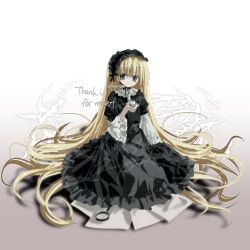 Rule 34 | 1girl, absurdres, black dress, black hairband, blonde hair, closed mouth, commission, dress, frilled dress, frilled hairband, frills, full body, gosick, gothic lolita, gradient background, green eyes, hairband, hajang68, hand up, highres, holding, holding smoking pipe, lolita fashion, lolita hairband, long dress, long hair, long sleeves, looking at viewer, magnifying glass, shadow, sitting, smoking pipe, solo, twitter username, very long hair, victorica de blois, watermark