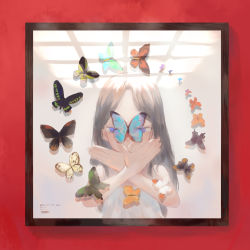 Rule 34 | 1girl, absurdres, black hair, black wings, blue eyes, bug, butterfly, butterfly wings, framed, green wings, hand gesture, highres, insect, insect wings, long hair, looking at viewer, multicolored wings, orange wings, original, picture frame, purple wings, reflection, shirt, shrimp cc, sleeveless, solo, too many, too many butterflies, white shirt, wings