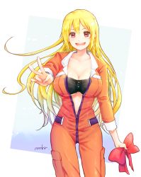 Rule 34 | 1girl, :d, artist name, bad id, bad pixiv id, bandeau, blonde hair, bow, breasts, collarbone, highres, holding, holding bow (ornament), jumpsuit, large breasts, long hair, looking at viewer, mamehara, miru eru, navel, open mouth, orange jumpsuit, plastic memories, red bow, red eyes, smile, solo, unzipped, v, very long hair
