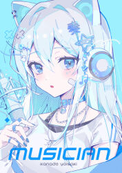 Rule 34 | 1girl, absurdres, animal ear headphones, animal ears, asymmetrical sleeves, bandaid, bell, black undershirt, blue background, blue choker, blue eyes, blue nails, blue stripes, blush, breasts, cat ear headphones, character name, choker, commentary, cropped torso, cross, cross necklace, english commentary, english text, fake animal ears, fish hair ornament, fortissimo, ghost hair ornament, hair between eyes, hair ornament, hairclip, headphones, heart, heart hair ornament, highres, jewelry, long hair, looking at viewer, medium breasts, microphone, musical note, musical note hair ornament, neck bell, necklace, parted lips, pazzi (zzxh2354), project sekai, ring, shirt, sidelocks, single sleeve, star (symbol), star hair ornament, strap, studio microphone, white hair, white headphones, white headwear, white shirt, x, yoisaki kanade