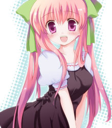 Rule 34 | 1girl, :d, bad id, bad pixiv id, black dress, blush, bow, breasts, commentary request, dotted background, dress, green bow, hair between eyes, hair bow, hizukiryou, long hair, looking at viewer, medium breasts, open mouth, original, pink eyes, pink hair, puffy short sleeves, puffy sleeves, short sleeves, smile, solo, teeth, twintails, upper body, upper teeth only, white background