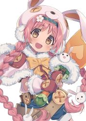 Rule 34 | 1girl, animal ears, animal hat, belt, blue shorts, bow, braid, brown eyes, button eyes, buttons, capelet, carrot, fake animal ears, flower, fur trim, hair flower, hair ornament, hairband, hat, highres, long hair, mimi (princess connect!), mittens, open mouth, pink capelet, pink hair, pink shirt, princess connect!, rabbit ears, rabbit hair ornament, rabbit hat, red mittens, ribbon, shirt, shorts, simple background, smile, solo, sword, twin braids, twintails, very long hair, wagashi928, weapon, white headwear