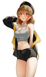 Rule 34 | 1girl, :o, absurdres, ahoge, anis (nikke), arm behind back, arm behind head, bare shoulders, beret, black hat, black jacket, black shorts, bllustration, blush, breasts, brown eyes, brown hair, goddess of victory: nikke, grey tank top, hair ornament, hat, highres, hip bones, jacket, large breasts, looking at viewer, medium hair, multicolored clothes, multicolored jacket, navel, open fly, parted lips, short shorts, shorts, sidelocks, simple background, solo, tank top, thighs, two-tone jacket, white background, yellow jacket
