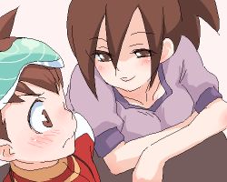 Rule 34 | 00s, 1boy, 1girl, age difference, blouse, blush, bow, breasts, brown eyes, brown hair, capcom, child, crossed arms, family, goggles, goggles on head, hair bow, happy, hetero, hope stelar (mega man), geo stelar (mega man), incest, large breasts, lowres, mature female, mother and son, oekaki, open mouth, ponytail, mega man (series), mega man star force, shirt, smile, spiked hair, worried