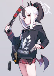 Rule 34 | 1girl, ataruman, bat wings, black hair, black jacket, blue archive, commentary request, grey background, gun, h&amp;k p30, handgun, highres, holding, holding gun, holding weapon, horns, jacket, kayoko (blue archive), long sleeves, looking at viewer, low wings, magazine (weapon), multicolored hair, plaid, plaid skirt, ponytail, red eyes, red skirt, simple background, skirt, solo, suppressor, thighs, two-tone hair, weapon, white hair, wings