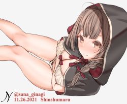 Rule 34 | 1girl, ahoge, bare legs, blunt bangs, blush, bow, bow panties, braid, braided ponytail, breasts, brown eyes, brown hair, cleavage, cloak, closed mouth, crossed arms, dated, dress, feet out of frame, from above, hair bow, hair tie, hood, kantai collection, knees together feet apart, large breasts, lips, long hair, looking at viewer, looking up, nagisa nagi, panties, ribbon, shinshuu maru (kancolle), signature, simple background, sitting, solo, thigh gap, thighs, twitter username, underwear