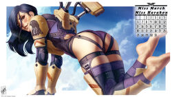 Rule 34 | 1girl, armor, artist name, ass, barefoot, black hair, calendar (medium), dated, day, from side, highres, leotard, long hair, looking at viewer, one eye closed, original, outdoors, power armor, purple leotard, purple thighhighs, signature, smile, solo, teeth, themaestronoob, thighhighs