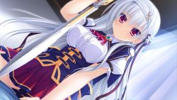 Rule 34 | 1girl, game cg, hair ornament, hairclip, indoors, justy x nasty, long hair, mikagami mamizu, onose mana, red eyes, skirt, solo, sword, weapon, white hair