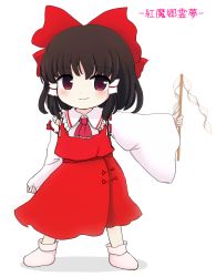 Rule 34 | 1girl, arm up, ascot, bare shoulders, black eyes, blush, boots, bow, brown eyes, brown hair, chibi, closed mouth, collar, collared shirt, copyright name, detached sleeves, dress, embodiment of scarlet devil, full body, hair between eyes, hair ornament, hair tubes, hakurei reimu, hand up, highres, long sleeves, looking to the side, red ascot, red bow, red dress, red eyes, rei (tonbo0430), ribbon-trimmed sleeves, ribbon trim, shadow, shirt, short hair, simple background, smile, solo, standing, touhou, white background, white footwear, white shirt, wide sleeves