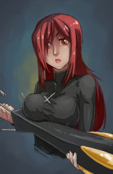 Rule 34 | 1girl, bankage, breasts, closed umbrella, cross, cross necklace, female focus, hair over one eye, highres, inverted cross, jewelry, krieg (skullgirls), large breasts, lips, long hair, necklace, parasoul (skullgirls), red hair, skullgirls, solo, turtleneck, umbrella, unaligned breasts, upper body, yellow eyes