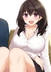 Rule 34 | 1girl, :d, arm across waist, bad id, bad pixiv id, black hair, black skirt, blush, breasts, cccpo, cleavage, collarbone, commentary request, highres, knees up, large breasts, long hair, long sleeves, looking at viewer, open mouth, original, pillow, purple eyes, shirt, simple background, sitting, skirt, smile, solo, white background, white shirt