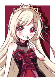 Rule 34 | 1girl, bare shoulders, blonde hair, blush, border, breasts, closed mouth, ecute, fang, finger to mouth, flower, gothic lolita, hair flower, hair ornament, hihkunhihkun, jashin-chan dropkick, lolita fashion, long hair, looking at viewer, pointy ears, red background, red eyes, rose, shiny skin, small breasts, smile, solo, upper body, white border