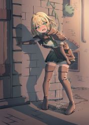 Rule 34 | 1girl, absurdres, arch, arm up, armor, belt, blonde hair, blush, boots, breasts, breath, brick wall, brooch, brown cape, brown footwear, brown gloves, cape, commission, door, ear blush, elbow gloves, embarrassed, female focus, full body, gem, gloves, green eyes, green gemstone, green skirt, highres, industrial pipe, jewelry, miniskirt, nose blush, open mouth, original, outdoors, panties, panty pull, pee, peeing, peeing self, pleated skirt, pointy ears, puddle, pulling own clothes, rune (dualhart), saliva, short hair, shoulder armor, sidelocks, skirt, small breasts, solo, standing, tears, thigh boots, thighs, torn cape, torn clothes, underwear, vine, wavy mouth, wet, wet clothes, wet panties, white panties, window
