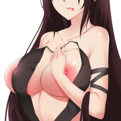 Rule 34 | 1girl, bare shoulders, black dress, black hair, blood, blood from mouth, breast focus, breasts, center opening, dress, fate/grand order, fate (series), head out of frame, large areolae, large breasts, long hair, nail polish, nipple slip, nipples, pink lips, revealing clothes, solo, strap slip, strapless, strapless dress, toki to shishin, upper body, very long hair, white background, yu mei-ren (fate)