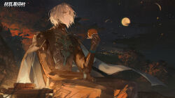 Rule 34 | 1boy, artist request, autumn, autumn leaves, cape, eyepatch, facial hair, food, full moon, grey hair, highres, holding, holding food, looking up, mechanical heart, mechanical parts, moon, mooncake, night, night sky, official art, one eye covered, punishing: gray raven, scar, sitting, sky, smile, stubble, tray, tree, watanabe (punishing: gray raven), wind, yellow eyes