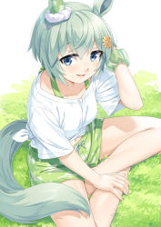 Rule 34 | 1girl, animal ears, barefoot, blue eyes, collarbone, commentary request, green hair, green scrunchie, green shorts, hair between eyes, hand up, horse ears, horse girl, horse tail, looking at viewer, miri (ago550421), on grass, parted lips, scrunchie, see-through, seiun sky (umamusume), shirt, short shorts, short sleeves, shorts, sitting, smile, solo, tail, tied shirt, umamusume, white shirt, wrist scrunchie