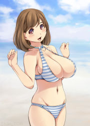 Rule 34 | 1girl, :d, anegasaki nene, bare shoulders, beach, bikini, blue bikini, blush, breasts, brooch, brown hair, bursting breasts, cleavage, clenched hands, cloud, collarbone, cowboy shot, day, eyebrows, from side, groin, halterneck, hands up, happy, jewelry, kantori, large breasts, looking at viewer, love plus, mole, mole under eye, navel, ocean, open mouth, outdoors, purple eyes, sagging breasts, short hair, sideboob, sky, smile, solo, standing, strap gap, striped bikini, striped clothes, swimsuit, twitter username, water, white bikini