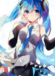 Rule 34 | 1girl, absurdres, bare shoulders, black skirt, black sleeves, black thighhighs, blue eyes, blue hair, blue nails, blue necktie, blush, breasts, collared shirt, commentary request, detached sleeves, fingernails, grey shirt, hair between eyes, hair ornament, hand up, hatsune miku, highres, long sleeves, nail polish, necktie, pleated skirt, shirt, simple background, skirt, sleeveless, sleeveless shirt, sleeves past wrists, small breasts, solo, thighhighs, twintails, vocaloid, white background, yuruno