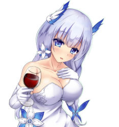 Rule 34 | 1girl, :d, alcohol, azur lane, bai da, bare shoulders, blue eyes, blush, braid, breasts, cleavage, cup, dress, drinking glass, elbow gloves, covered erect nipples, flower, gloves, hair flower, hair ornament, hand on own chest, highres, holding, holding cup, illustrious (azur lane), illustrious (illustrious ball) (azur lane), large breasts, long hair, looking at viewer, mole, mole under eye, open mouth, silver hair, simple background, smile, solo, strapless, strapless dress, upper body, white background, white dress, white gloves, wine, wine glass