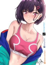 Rule 34 | 1girl, :t, blue jacket, breasts, collarbone, commentary, english commentary, facebook username, green jacket, hair behind ear, hair ornament, hairclip, highres, jacket, large breasts, looking at viewer, mikazuki shizuka, multicolored clothes, multicolored jacket, off shoulder, patreon username, pink eyes, pink sports bra, pout, purple hair, red jacket, short hair, solo, sports bra, syyn (syyndev), twitter username, upper body, white background, zom 100: zombie ni naru made ni shitai 100 no koto