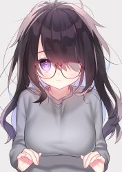 Rule 34 | 1girl, black hair, blue hair, blush, breasts, chihiro (khorosho), closed mouth, commentary request, glasses, glasses over hair, grey shirt, hair over one eye, long hair, long sleeves, looking at viewer, medium breasts, multicolored hair, original, purple eyes, red-framed eyewear, shirt, smile, solo, two-tone hair, upper body