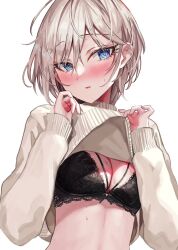 Rule 34 | 1girl, anastasia (idolmaster), black bra, blue eyes, blush, bra, breasts, cleavage, clothes lift, full-face blush, idolmaster, idolmaster cinderella girls, lace, lace-trimmed bra, lace trim, lifting own clothes, looking at viewer, medium breasts, rum raisin (chihiromakita19), short hair, simple background, solo, sweatdrop, sweater, sweater lift, underwear, upper body, white background, white hair, white sweater