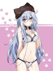 Rule 34 | 10s, 1girl, absurdres, animal ears, animal hat, arm behind back, bad id, bad pixiv id, black hat, blue hair, blush, bow, bow panties, bra, breasts, budesonide, cat hat, closed mouth, collarbone, cowboy shot, fake animal ears, hair between eyes, hammer and sickle, hammer and sickle print, hand on own chest, hat, head tilt, headphones, headphones around neck, hibiki (kancolle), highres, kantai collection, long hair, looking at viewer, navel, panties, paw print, pink background, small breasts, solo, star (symbol), star print, two-tone background, underwear, underwear only, verniy (kancolle), very long hair, white bra, white panties