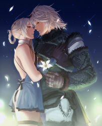 Rule 34 | 1boy, 1girl, absurdres, armor, ass, bandaged neck, bandages, black gloves, blue dress, braided hair rings, breasts, closed eyes, closed mouth, couple, dress, falling petals, flower, fur trim, gauntlets, gloves, highres, holding, holding flower, kaine (nier), looking at another, lunar tear, medium breasts, nier, nier (series), nier (young), nier reincarnation, night, night sky, on (isk1812), outdoors, pants, petals, short hair, sky, white hair, white pants