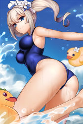 Rule 34 | 1girl, armpits, ass, barbara (genshin impact), barbara (summertime sparkle) (genshin impact), bare shoulders, besmiled, bird, blonde hair, blue eyes, breasts, duck, genshin impact, hat, highres, looking at viewer, medium breasts, one-piece swimsuit, sailor hat, smile, swimsuit, twintails, water, wet