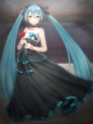 Rule 34 | 1girl, absurdres, after0217, aqua bow, aqua eyes, aqua hair, bare arms, bare shoulders, black bow, black dress, bow, bow choker, choker, closed mouth, dress, evening gown, flower, formal, frilled dress, frills, full body, hair between eyes, hatsune miku, highres, holding, holding flower, long dress, looking at viewer, miku symphony (vocaloid), no nose, red flower, red rose, rose, smile, solo, standing, strapless, strapless dress, twintails, vocaloid