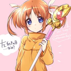 Rule 34 | 1girl, blue eyes, closed mouth, commentary, english text, hair ribbon, highres, holding, holding staff, kuroi mimei, light frown, long sleeves, looking at viewer, lyrical nanoha, mahou shoujo lyrical nanoha, notice lines, pink background, raising heart, raising heart (device mode), ribbon, shirt, short hair, solo, staff, takamachi nanoha, translation request, twintails, upper body, white ribbon, yellow shirt