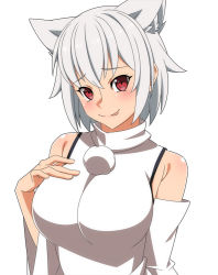 Rule 34 | 1girl, :p, animal ears, bare shoulders, blush, breasts, detached sleeves, grey hair, inubashiri momiji, large breasts, long sleeves, looking at viewer, ra-pen, red eyes, shirt, short hair, simple background, sleeveless, sleeveless shirt, smile, solo, tongue, tongue out, touhou, upper body, white background, white shirt, wide sleeves, wolf ears