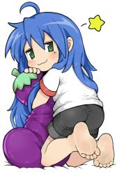 Rule 34 | 1girl, absurdres, blue hair, blush, feet, from behind, green eyes, highres, izumi konata, long hair, looking back, lucky star, menthako, mole, hugging object, pillow, pillow hug, smile, soles, solo, toes