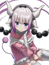 Rule 34 | 1girl, blue eyes, capelet, commentary request, dragon girl, dragon horns, geisha-geisha-, hair bobbles, hair ornament, hairband, horns, kanna kamui, kobayashi-san chi no maidragon, long hair, looking at viewer, low twintails, revision, simple background, slit pupils, solo, tail, thighhighs, twintails, v arms, white background, white thighhighs, zettai ryouiki