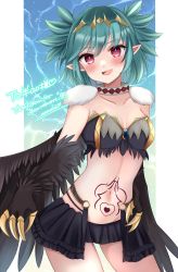 Rule 34 | 1girl, absurdres, black feathers, black wings, blush, breasts, choker, claws, commission, fang, feathered wings, feathers, green hair, harpy, highres, indie virtual youtuber, lincoro, midriff, mixed-language commentary, monster girl, nanoha wani, navel, open mouth, pointy ears, red eyes, short hair, short twintails, skeb commission, small breasts, solo, stomach tattoo, tattoo, thank you, tiara, twintails, virtual youtuber, wings