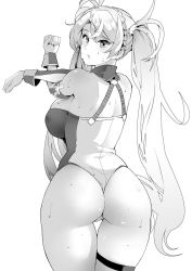 Rule 34 | ass, back, bare shoulders, bradamante (fate), bradamante (first ascension) (fate), braid, crown braid, elbow gloves, fate/grand order, fate (series), french braid, gloves, greyscale, highleg, highleg leotard, leotard, long hair, looking at viewer, monochrome, simple background, soba (saz), solo, stretching, thigh strap, thighs, twintails, very long hair, white background