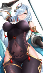 Rule 34 | 1girl, blue eyes, blue hair, bodystocking, breasts, commentary request, covered navel, cowboy shot, cyicheng, genshin impact, hair ornament, hair over one eye, hip vent, large breasts, long hair, long sleeves, looking at viewer, shenhe (genshin impact), simple background, solo, standing, thighs, very long hair, white background