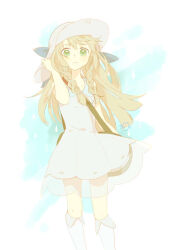 Rule 34 | 1girl, ai ne ko, blonde hair, blue background, bow, braid, breasts, closed mouth, creatures (company), dress, game freak, green eyes, grey dress, grey hat, hand up, hat, hat bow, lillie (pokemon), long hair, looking at viewer, nintendo, pokemon, pokemon sm, signature, small breasts, solo, standing, sun hat, sundress, twin braids, two-tone background, white background, white dress