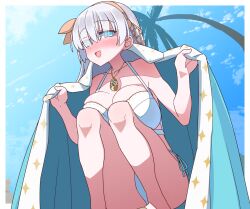 Rule 34 | 1girl, akitokage, anastasia (fate), bare shoulders, bikini, blue cloak, blue eyes, blush, breasts, cleavage, cloak, fate/grand order, fate (series), fur trim, hair over one eye, hairband, highres, jewelry, large breasts, long hair, looking at viewer, necklace, open mouth, pendant, smile, solo, squatting, swimsuit, thighs, very long hair, white bikini, white hair